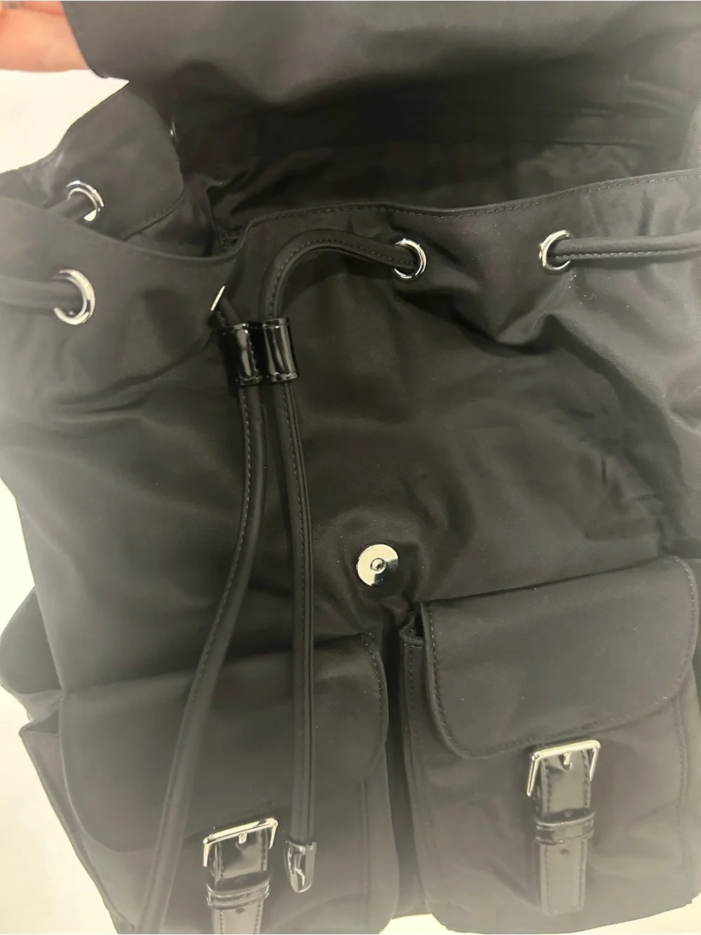 Tory Burch Black Nylon Buckle-Front Backpack with Logo